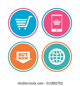 Online shopping icons. Smartphone, shopping cart, buy now arrow and internet signs. WWW globe symbol. Colored circle buttons. Vector