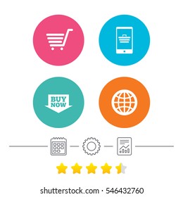 Online shopping icons. Smartphone, shopping cart, buy now arrow and internet signs. WWW globe symbol. Calendar, cogwheel and report linear icons. Star vote ranking. Vector