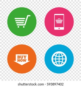 Online shopping icons. Smartphone, shopping cart, buy now arrow and internet signs. WWW globe symbol. Round buttons on transparent background. Vector