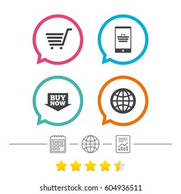 Online shopping icons. Smartphone, shopping cart, buy now arrow and internet signs. WWW globe symbol. Calendar, internet globe and report linear icons. Star vote ranking. Vector