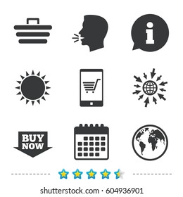 Online shopping icons. Smartphone, shopping cart, buy now arrow and internet signs. WWW globe symbol. Information, go to web and calendar icons. Sun and loud speak symbol. Vector