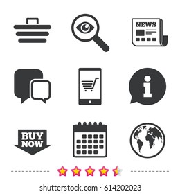 Online shopping icons. Smartphone, shopping cart, buy now arrow and internet signs. WWW globe symbol. Newspaper, information and calendar icons. Investigate magnifier, chat symbol. Vector