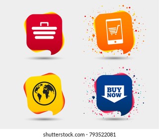 Online shopping icons. Smartphone, shopping cart, buy now arrow and internet signs. WWW globe symbol. Speech bubbles or chat symbols. Colored elements. Vector