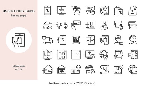 Online Shopping Icons Vector Set. Shopping Online, E-commerce, Marketplace, Discounts, Offers, Card Payment, Delivery Service, Package Tracking, QR Code, Online Deals, Cryptocurrencies, E-receipt.