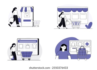Idea de compras en línea para tienda de Web, redes sociales, medios impresos, App móviles, Vector de aplicaciones de Web
