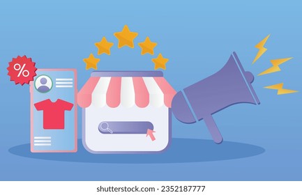 Online Shopping Ideas digital marketing Megaphone Announces Online Deals.on blue background.Vector Design Illustration.