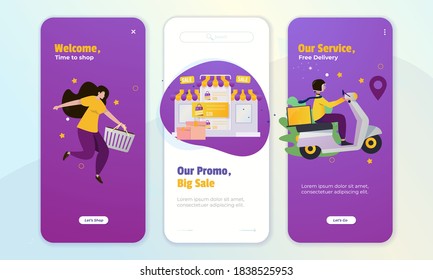 Online shopping illustration concept, e-commerce illustration set on mobile app template 