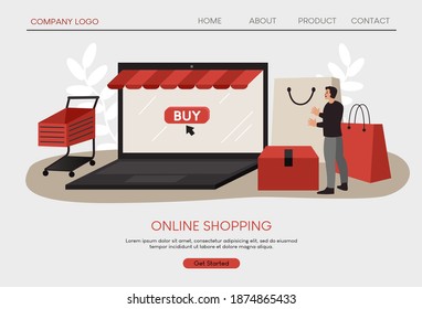 Online shopping illustration, Design for website, sale banner, landing page, mobile app, shop online, background, online store, business on mobile. Vector concept delivery parcel box and laptop.