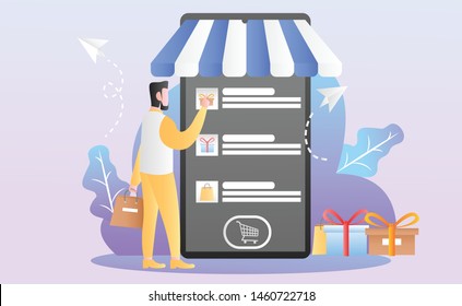 Online shopping illustration in flat style. Vector illustration. People are shopping online using their smartphone