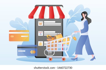Online shopping illustration in flat style. Vector illustration. People are shopping online using their smartphone