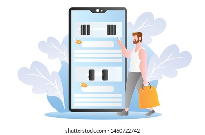 Online shopping illustration in flat style. Vector illustration. People are shopping online using their smartphone