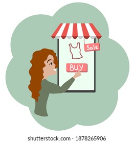 Online shopping illustration. The girl presses the buy button on a big phone. Clothing store. Shopping from your phone, computer. Happy girl is shopping online. Vector illustration