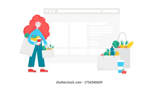 Online shopping illustration. Header bunner, design element. Woman with packages and coffee in her hands. Shopping, buying trend flat modern vector illustration in blue and red color.