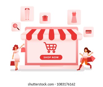 Online Shopping Illustration with Laptop, Woman with Shopping Bags