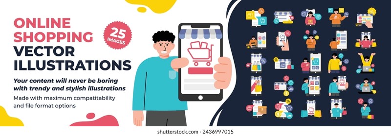 Online Shopping Illustration, Mega Set. Collection scenes of People doing Shopping Activity. Bundle Stock, phone, internet, commerce, credit, money. Vector Illustration