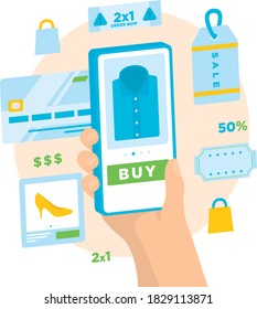 Online shopping illustration. Shopping on a smartphone. Shopping items, tickets, credit card and discount coupons.