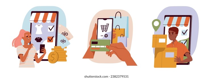 Online shopping illustration set. Men and women make purchases using smartphone, pay for orders online and receive delivery. Ecommerce and Online retailer. Cartoon flat vector isolated collection