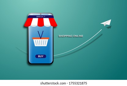 Online shopping illustration with smartphone and paper airplane in paper art style design for online business website, mobile application vector illustration 
