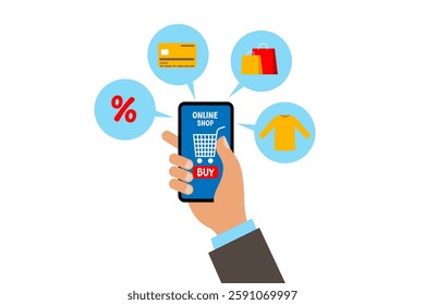 Online shopping illustration, shopping using smartphone.vector illustration.