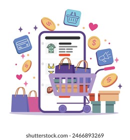 Online Shopping Illustration. Vektorillustration mit einem Warenkorb mit einer charmanten Geschenkbox und einer schicken Einkaufstasche