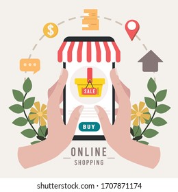 Online shopping illustration.concept with holding smartphone and e-commerce icons vector illustration.flat style. Vector illustration.