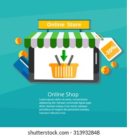 Online shopping  illustration.Flat design vector illustration poster concept with icons of buying product via online shop and e-commerce ideas symbol and shopping elements.