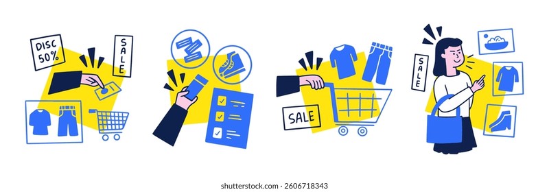 Online shopping illustrations set. Modern flat vector concept illustration of people and objects on online shopping. Promotion, discounts, sale and online orders concept