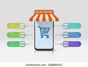 Online shopping infographic design with 6 horizontal labels. Creative business presentation design for infographics. 3D vector of mobile phone standing on the floor.