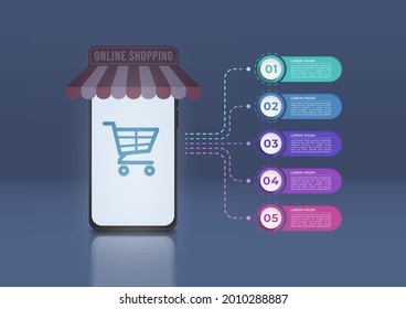 Online shopping infographic design with 6 horizontal labels. Creative business presentation design for infographics. 3D vector of mobile phone standing on the floor. Night mood illustration