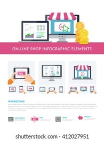 On-line shopping infographic elements set, mobile banking, online purchasing. Vector template for on-line technology infographic concept, online store illustration. Investment statistic, on-line shop