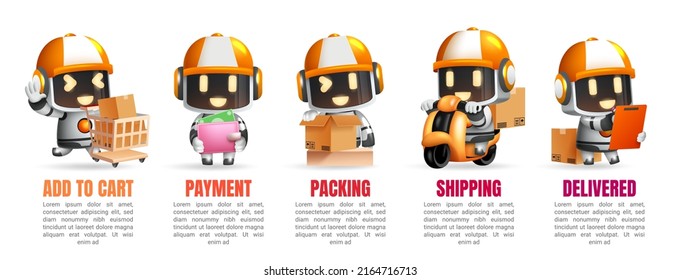 Online shopping infographic vector set. Online shopping app guidelines with robots delivery character for order and shipping procedure collection design. Vector illustration.
