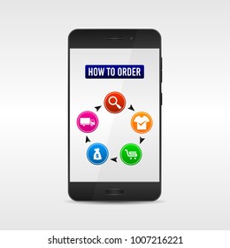 online shopping instructions, how to order. With realistic mobile phone vector illustration.