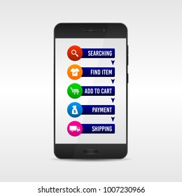 Online Shopping instructions, how to order. With realistic mobile phone vector illustration.