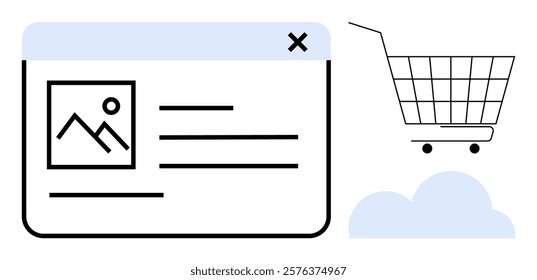 Online shopping interface with a product details window showcasing an image, text, and a shopping cart symbol. Ideal for digital sales, ecommerce platforms, online retail, web design, and UI UX