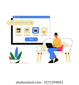 Online Shopping Interface With Woman Sitting On Sofa Using Laptop In Flat Vector Illustration Symbolizing E Commerce, Convenience, And Technology, Isolated On White Background.