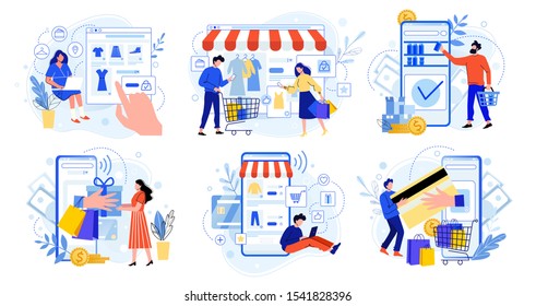 Online Shopping. Internet Market, Mobile App Shopping And People Buy Gifts. Smartphone Payment And Outfit Sale Flat Vector Illustration Set. E Commerce Concept. Customers Faceless Characters