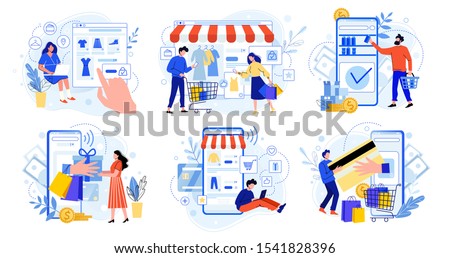 Online shopping. Internet market, mobile app shopping and people buy gifts. Smartphone payment and outfit sale flat vector illustration set. E commerce concept. Customers faceless characters
