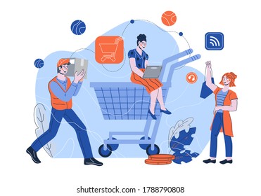 Online shopping  and internet  marketing concept  with cartoon customers, distributors and delivery service workers. Banner background for online store and e-commerce. Flat vector illustration.