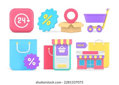 Online shopping internet order always available awning shop store purchase set 3d icon realistic vector illustration. Cyberspace e commerce retail smartphone application grocery supermarket goods