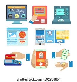 Online shopping internet payments and money atm withdrawal methods. Vector isolated symbols of credit card at shop cash desk, smartphone banking transfer application for infographics flat design