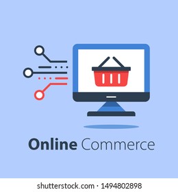 Online shopping, internet purchase, grocery basket and computer monitor, vector flat illustration