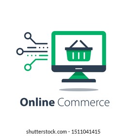 Online shopping, internet purchase, grocery basket and computer monitor, vector flat illustration