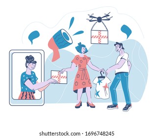 Online shopping, internet purchasing and fast delivery service with cartoon people getting parcel boxes. Web sales, business and electronic commerce banner template. Vector illustration isolated.