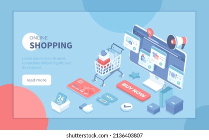 Online shopping, internet retail. Buying payment online. Application service website banking. Online store cart, credit card, megaphone, discount, sale. Isometric vector illustration for banner, web