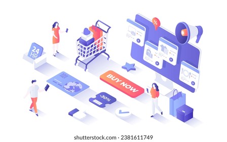 Online shopping, internet retail. Buying payment online. Application service website banking. Online store cart, credit card, megaphone. Isometry illustration with people scene for web graphic.