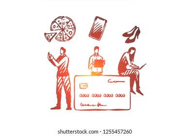 Online shopping, internet shop, card payment vector concept. People ordering and buying different things from laptops and phone. Hand drawn sketch isolated illustration