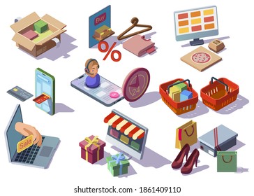 Online shopping, internet shop isometric icons collection with goods, purchases, food, gifts, baskets, packages, clothes and shoes ecommerce stores orders. Online payment or customer support.