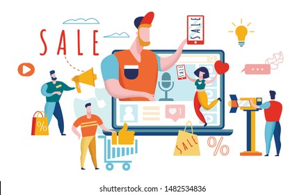 Online Shopping. Internet Shop Sale. Advertising Of Discount. Video Blogger. Youtube Video In Laptop. Video Marketing. Content Creator. Blog Management. Getting Money With Youtube. Vector EPS 10.
