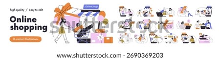 Online shopping, internet shops, digital e-commerce set. Customers paying and buying via mobile phone app, website. Virtual store sales, gifts. Flat vector illustration isolated on white background