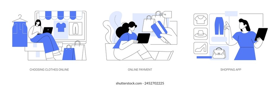 Online shopping isolated cartoon vector illustrations set. Choosing clothes in online apparel store, making payment with plastic card, sitting with laptop, internet shop mobile app vector cartoon.